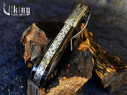 Hand-Forged Damascus Pocket Folding Knife w/ Buffalo Horn Handle & Clip