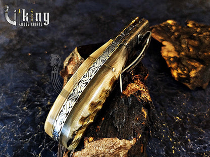 Hand-Forged Damascus Steel Blade with Ram Horn Handle & Easy Lock Folding Knife