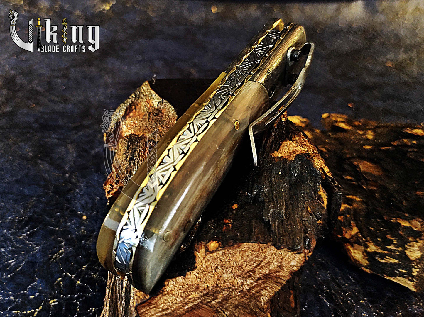 Forged Damascus Steel Folding Pocket Knife with Secure Leather Cover