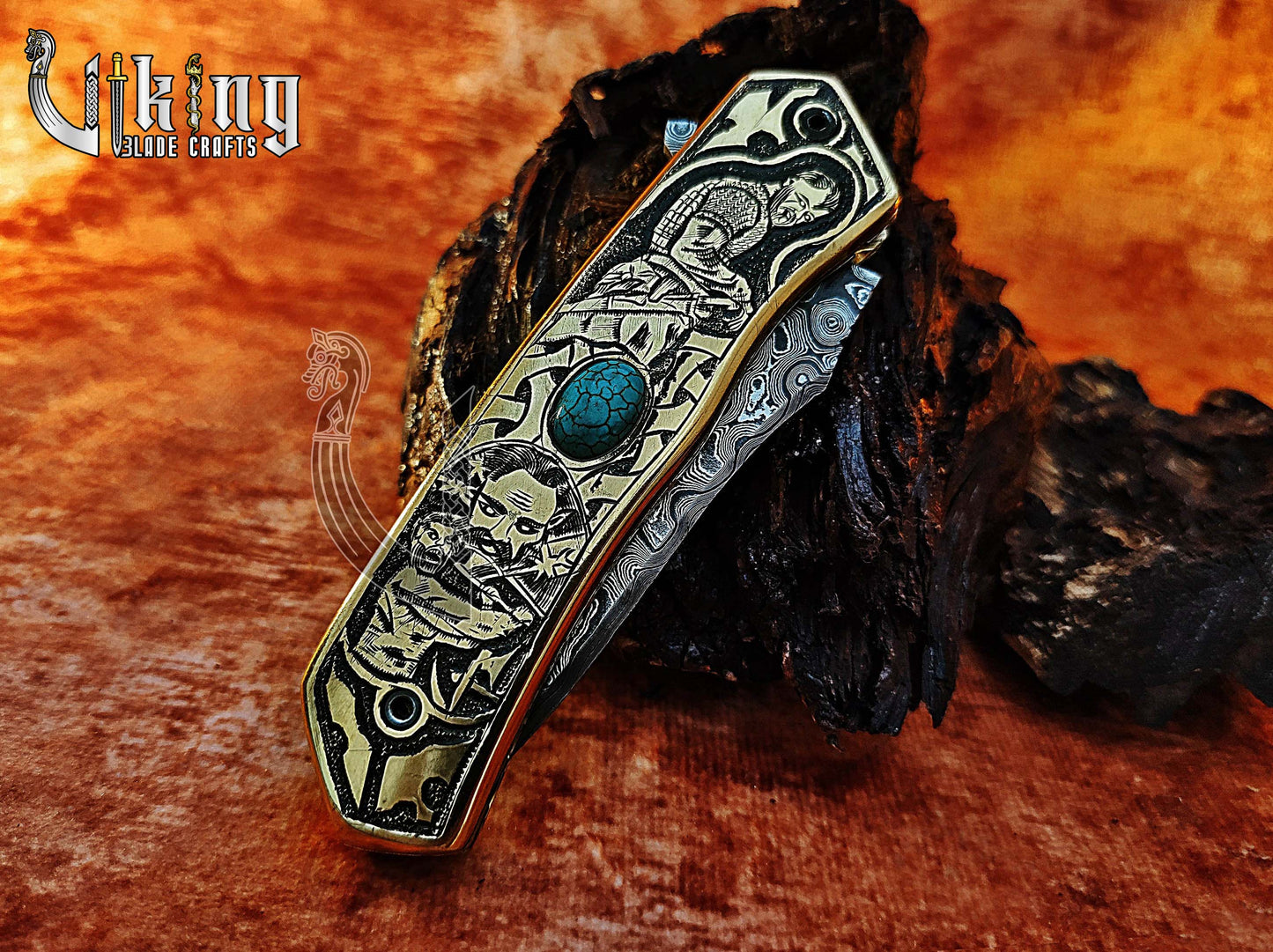 Forged Damascus Steel Blade Knife with Viking Floki Carved Handle.