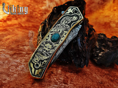Forged Damascus Steel Blade Knife with Viking Floki Carved Handle.