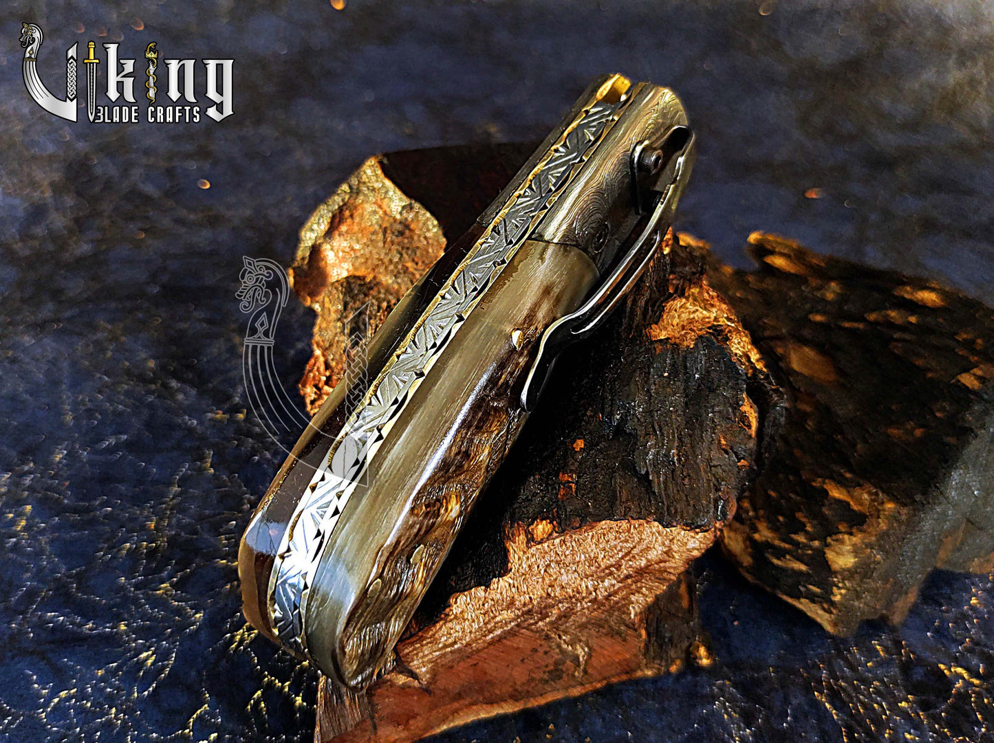 Forged Damascus Steel Folding Pocket Knife with Ram Horn Handle & Clip
