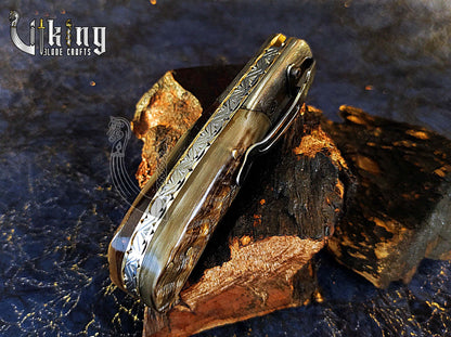 Forged Damascus Steel Folding Pocket Knife with Ram Horn Handle & Clip