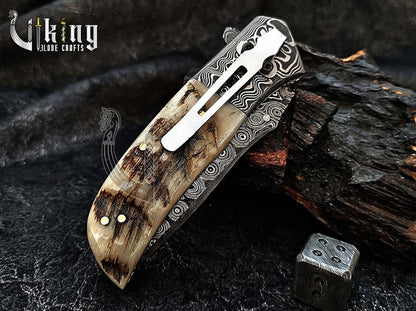Handmade Damascus Steel Rain Drop Pattern Ram Horn Handle Folding Knife