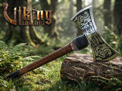 The Helm of Awe 30" Forged Viking Axe & Carved Wooden – Norse Warrior Axe