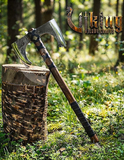 30" Double Bit Viking Battle Axe - Hand Forged Carbon Steel & Leather