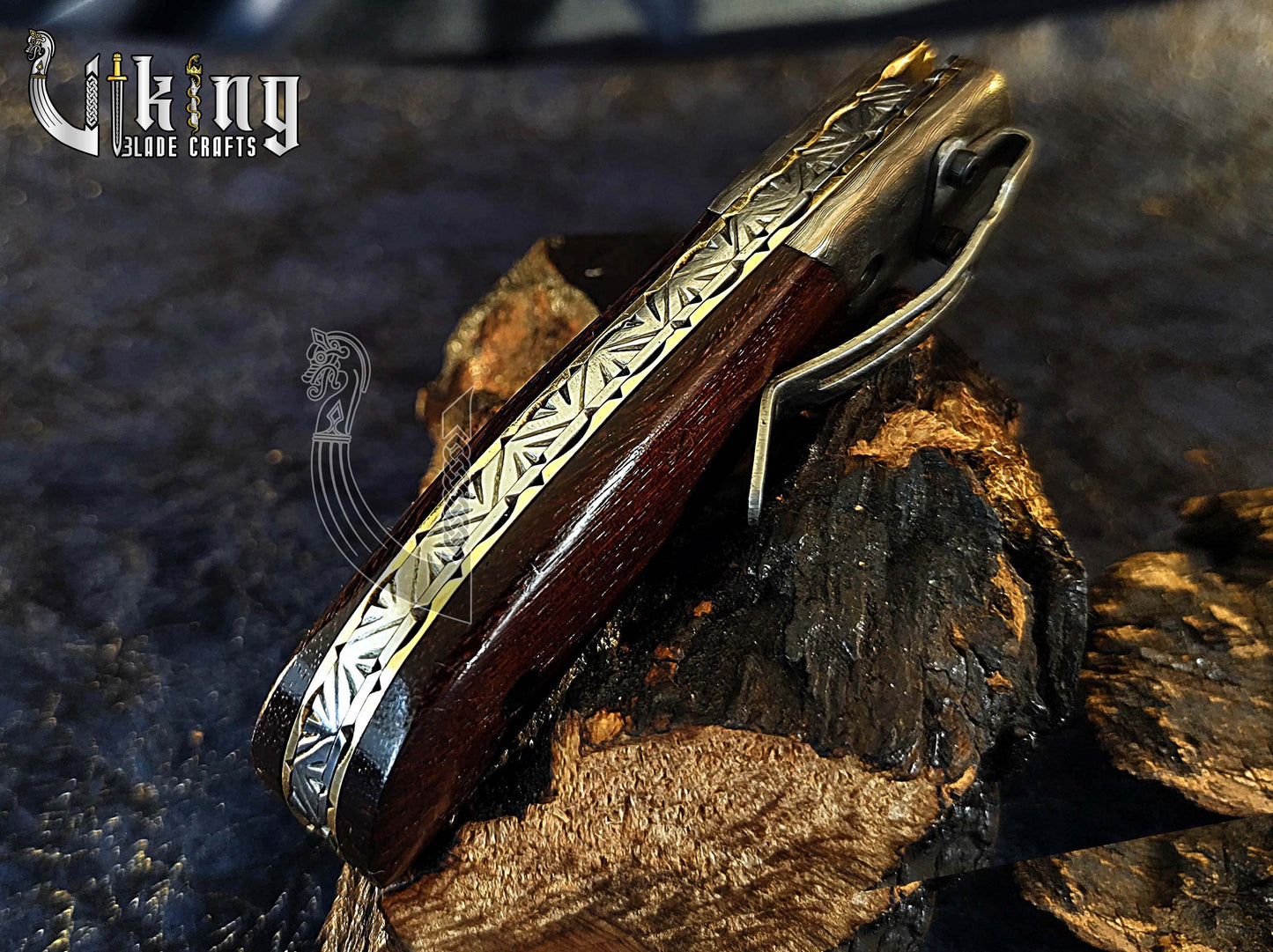 Handmade Damascus Steel Folding Knife with Rosewood Handle & Sheath