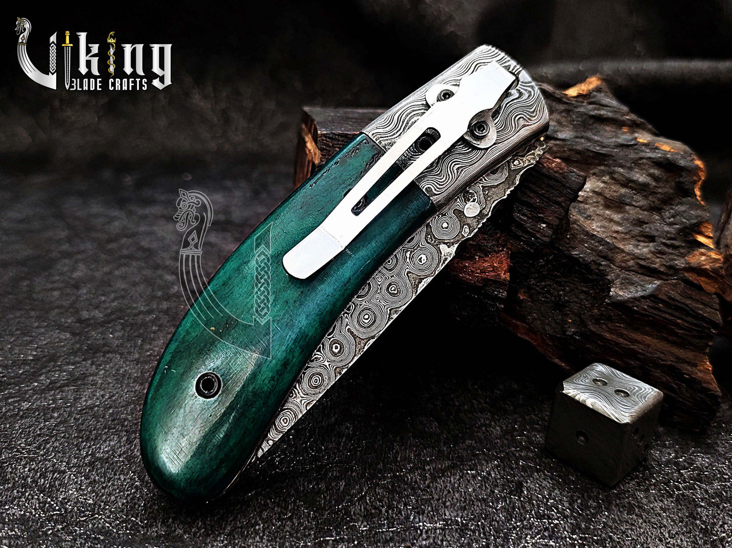 Handmade Damascus Folding Knife with Stained Bone Handle & Clip