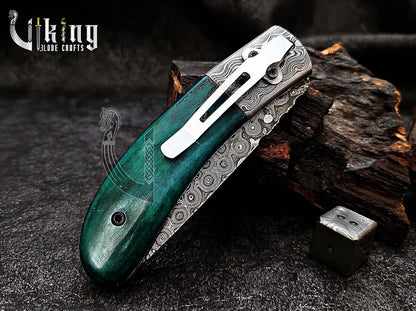 Handmade Damascus Folding Knife with Stained Bone Handle & Clip