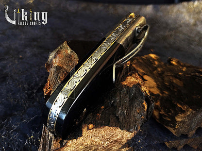 Hand-Forged Damascus Folding Knife with Ebony Wood  & Ladder Blade