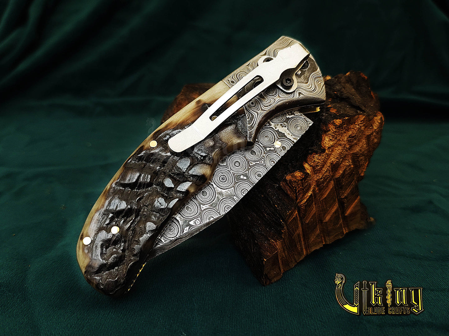 Custom Hand-Forged Handmade Damascus Folding Knife | Raindrop Pattern | Ram Horn Handle