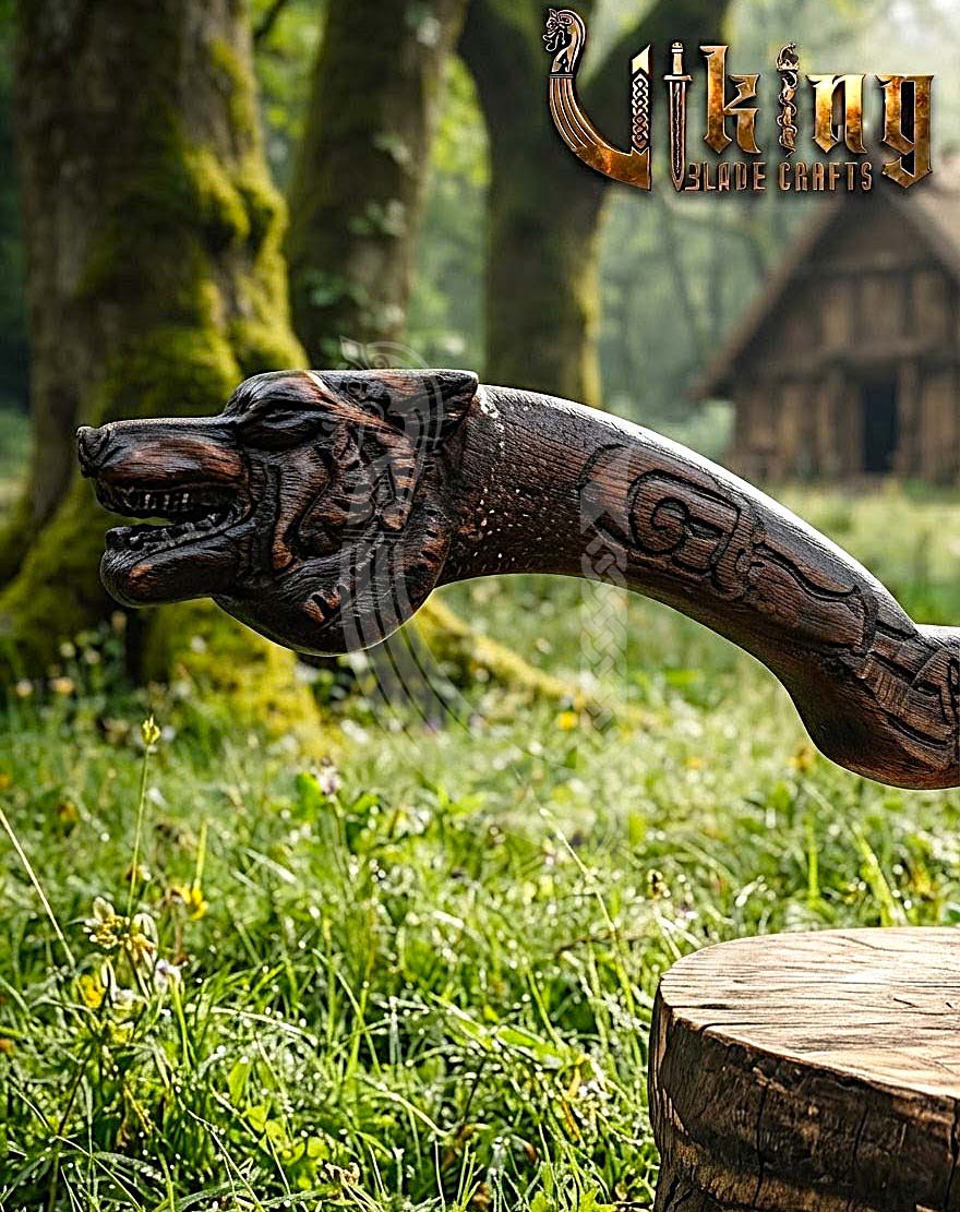 Hand Carved Viking Axe | Wolf Head Handle | Forged Steel