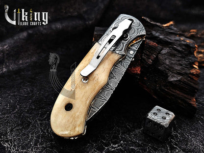 Handmade Damascus Steel Folding Pocket knife With Camel Bone Handle