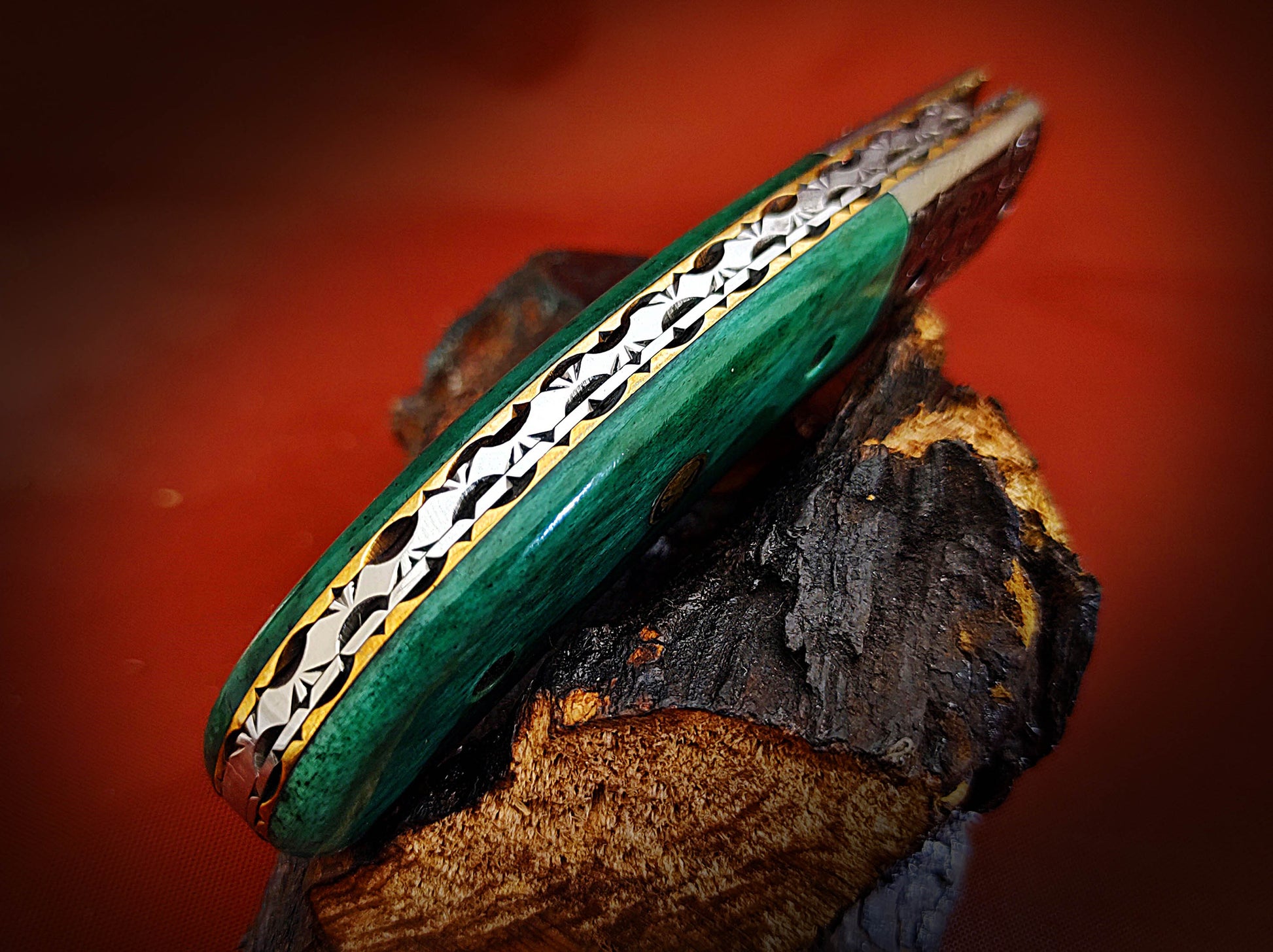 Damascus Pocket Knife with Stained Bone Handle – Ancient Hand-Carved Theme - Viking Blade Crafts