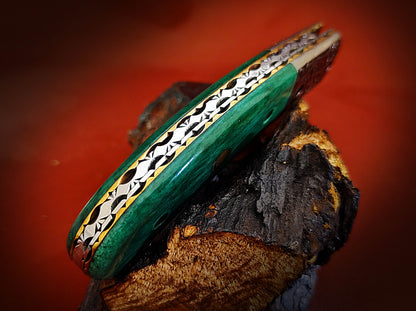 Damascus Pocket Knife with Stained Bone Handle – Ancient Hand-Carved Theme - Viking Blade Crafts