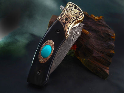 Handmade Damascus Pocket Knife – Celtic‑Norse Owl Theme Carved Handle - Viking Blade Crafts