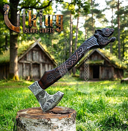 Ratatoskr Viking Axe | Hand Carved Handle | Forged Steel
