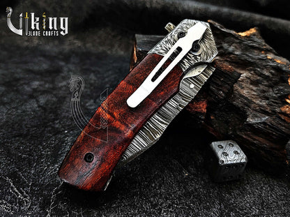 Damascus Steel Folding Pocket Knife With Sheath Rose Wood Handle