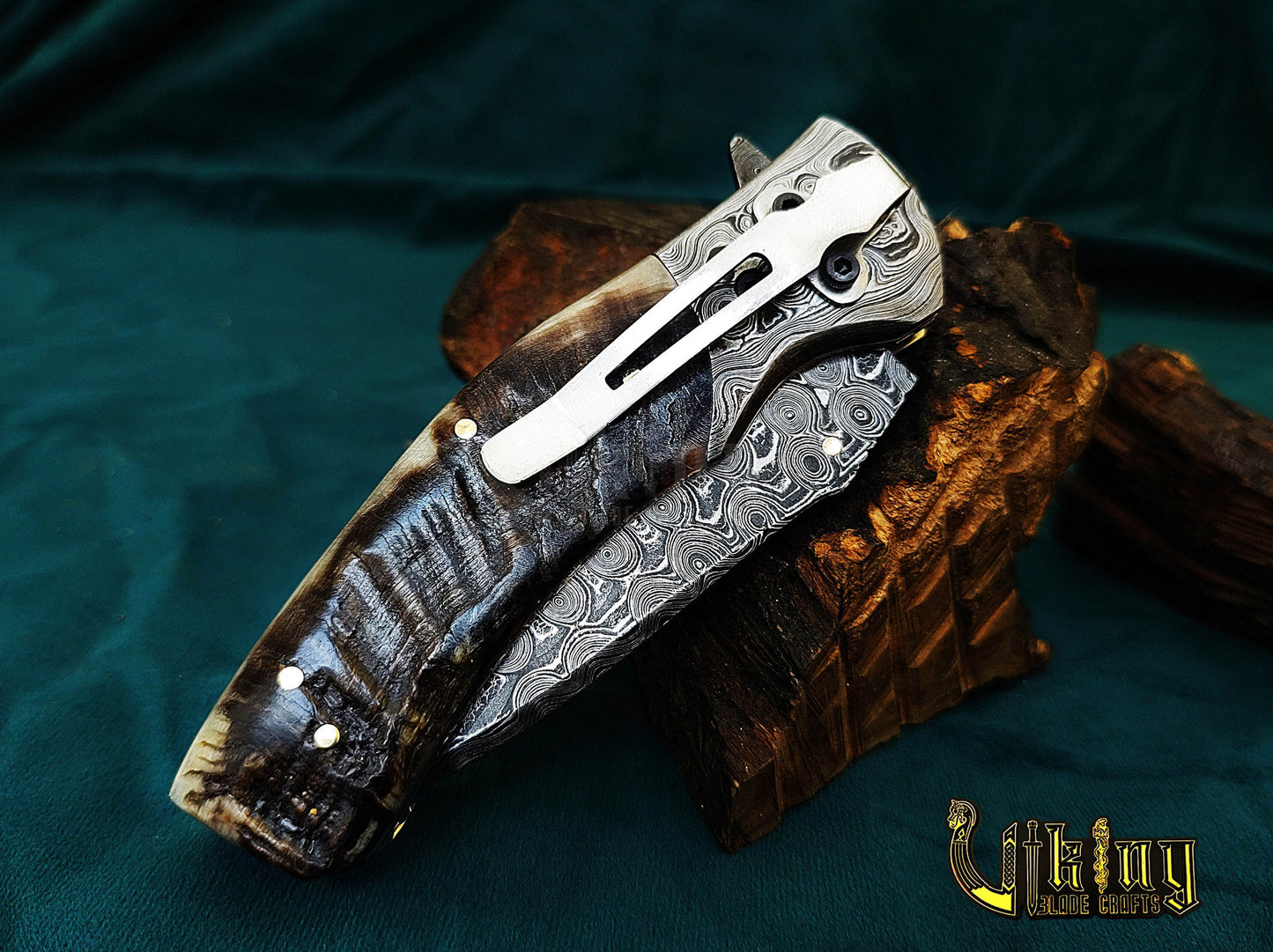 Hand-Forged Artisan Damascus Steel Folding Knife | Raindrop Pattern | Ram Horn Handle