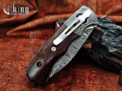 Hand-Forged Damascus Steel Folding Knife with Rosewood Handle