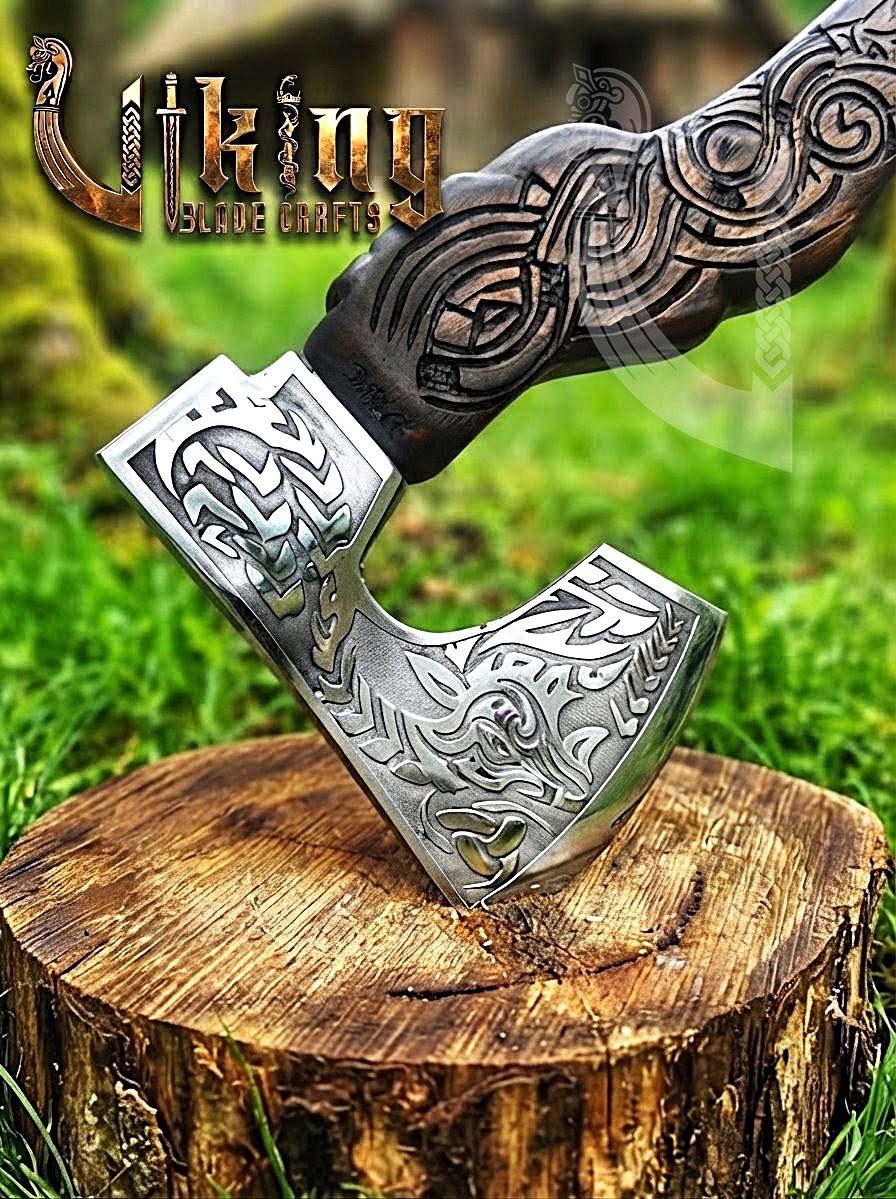 Hand Carved Viking Goat Axe | Geit Handle | Forged Steel