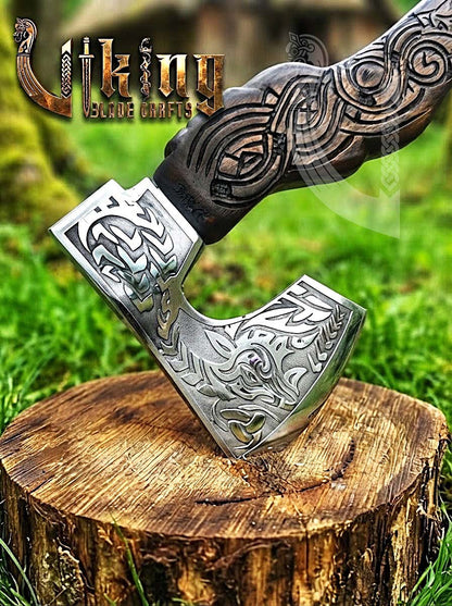 Hand Carved Viking Goat Axe | Geit Handle | Forged Steel