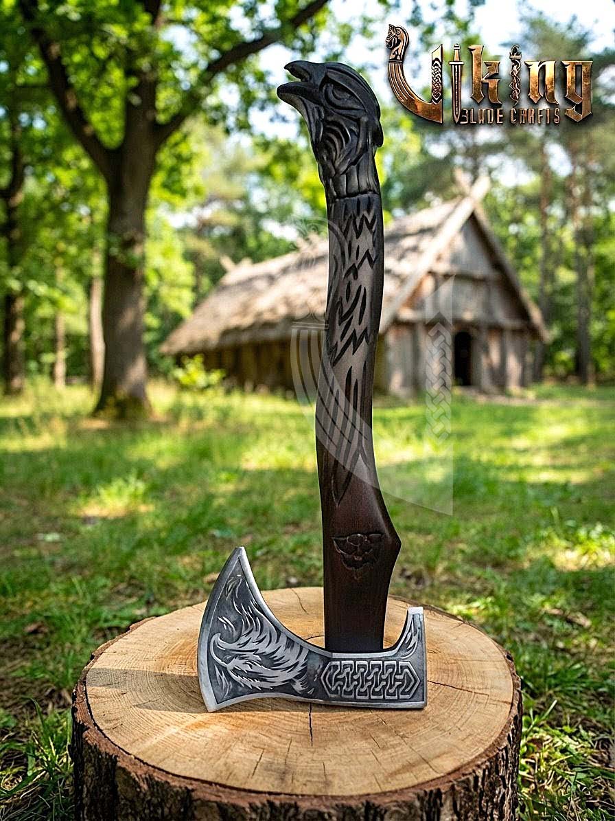 Huginn Muninn Viking Axe | Raven Carved Handle | Forged Steel