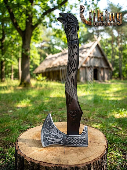 Huginn Muninn Viking Axe | Raven Carved Handle | Forged Steel