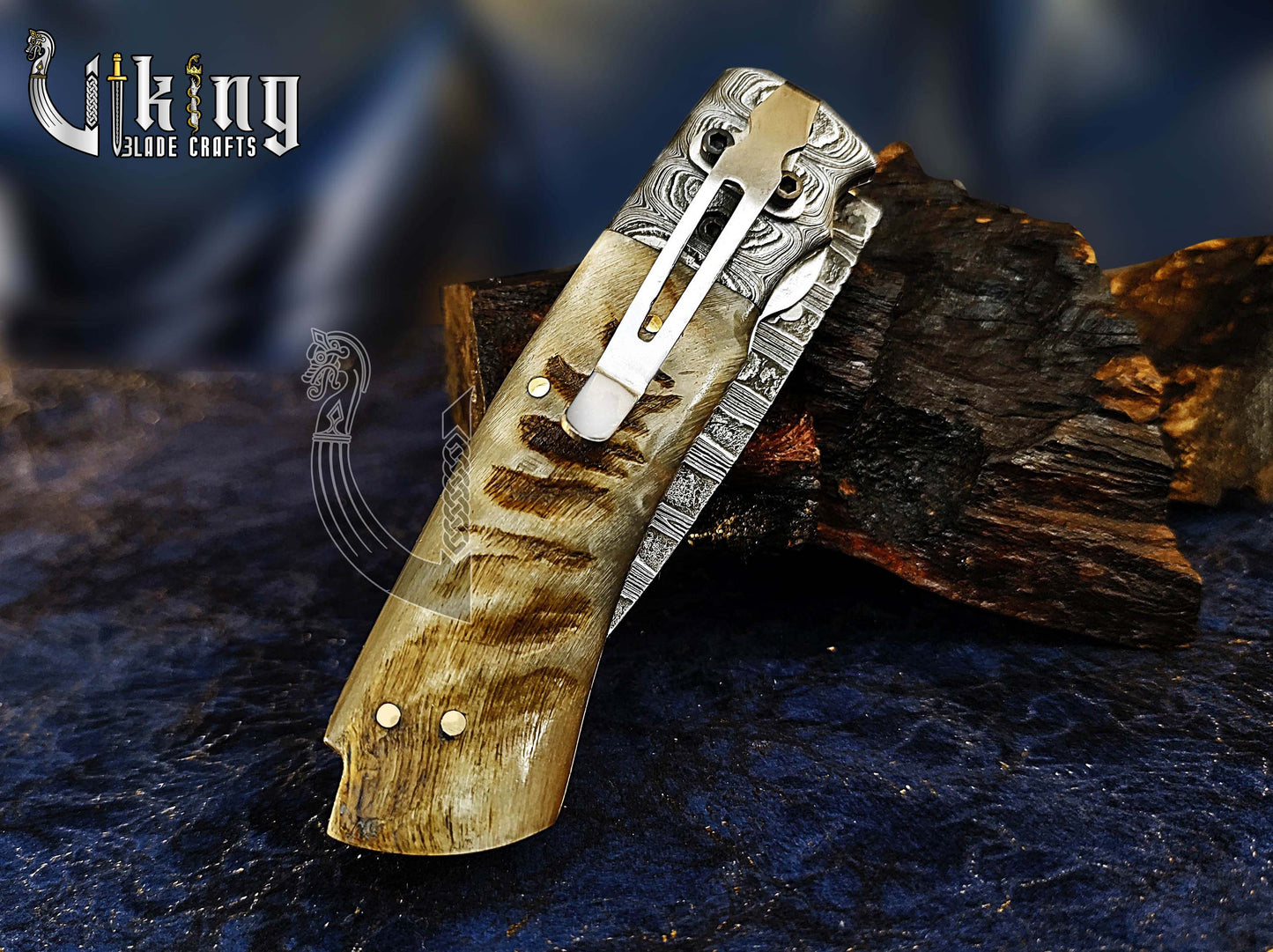 Handmade Damascus Steel Premium Folding Knife with Ram Horn Handle