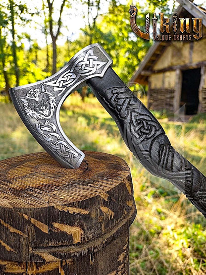 Fenrir Viking Axe | Hand Carved Wolf Handle | Forged Steel