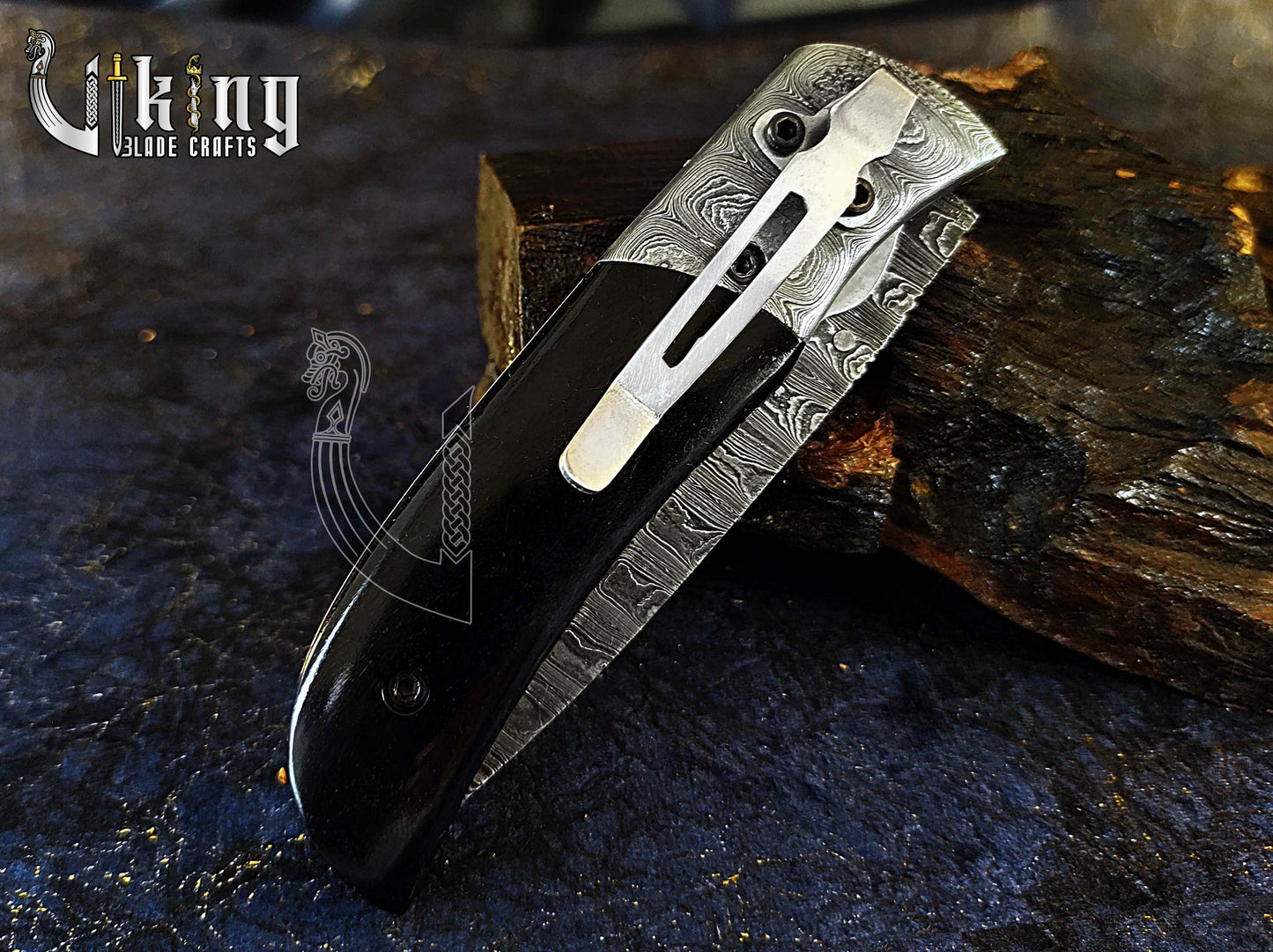 Hand-Forged Damascus Folding Knife with Ebony Wood  & Ladder Blade
