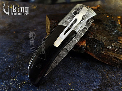 Hand-Forged Damascus Folding Knife with Ebony Wood  & Ladder Blade