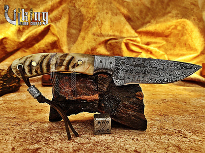 Damascus Steel Hunting & Camping Knife & Ram Horn Handle With Bolster