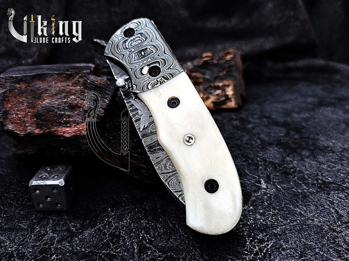 Handmade Damascus Steel Folding Pocket knife With Camel Bone Handle