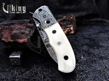 Handmade Damascus Steel Folding Pocket knife With Camel Bone Handle