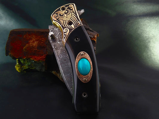 Handmade Damascus Pocket Knife – Celtic‑Norse Owl Theme Carved Handle