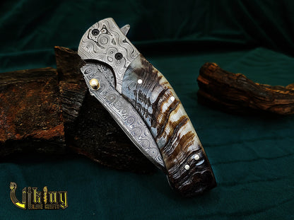 Hand-Forged Artisan Damascus Steel Folding Knife | Raindrop Pattern | Ram Horn Handle
