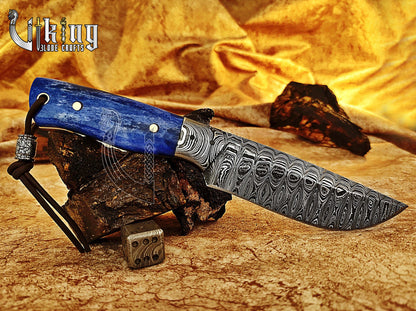 Damascus Steel Hunting Knife With Stained Bone Handle With Sheath