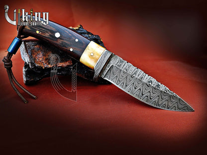 Damascus Steel Fixed Hunting Knife With Wenge Wood & Bone Handle