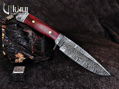 Damascus Steel Fixed Blade Bloodwood & Guard With Leather Sheath