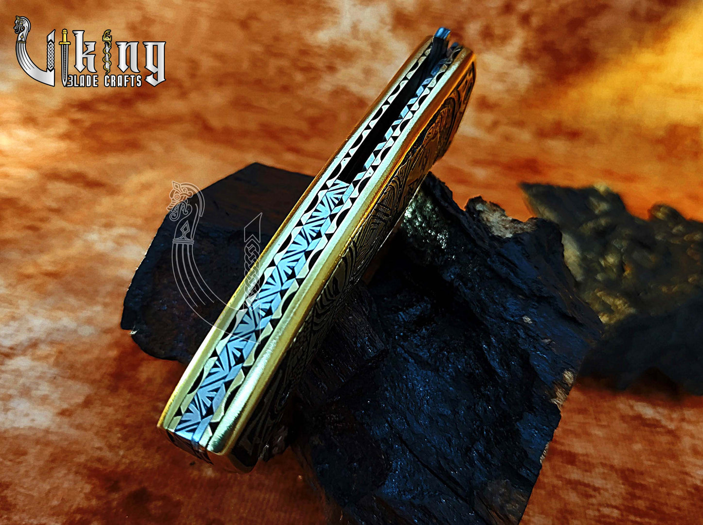 Handmade Damascus Folding Knife with Ivar the Boneless Carving Handle.
