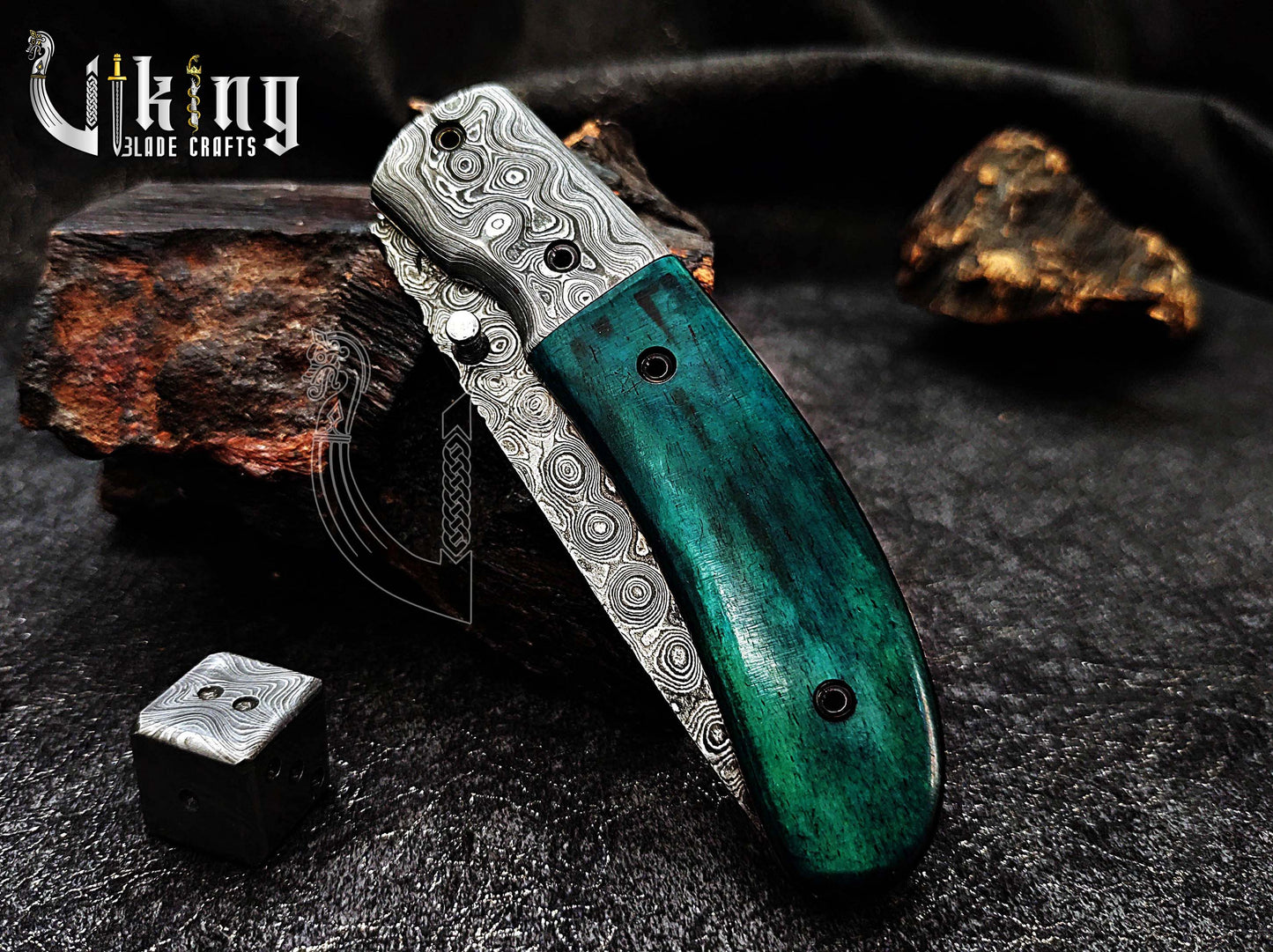 Handmade Damascus Folding Knife with Stained Bone Handle & Clip