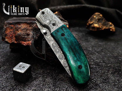Handmade Damascus Folding Knife with Stained Bone Handle & Clip