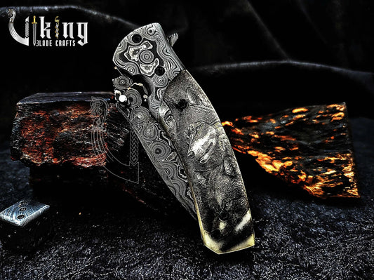 Hand-Forged Damascus Steel Rain Drop & Bone Handle Folding Knife - Viking Blade Crafts