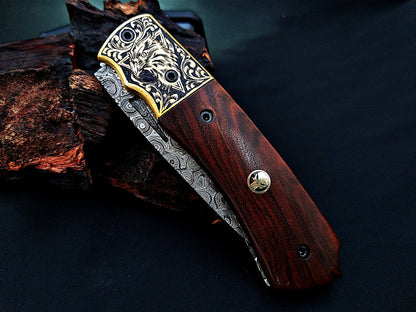 Damascus Steel Folding Pocket Knife – Viking Eagle Engraved Rosewood Handle - Viking Blade Crafts