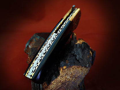 Damascus Pocket Knife with buffalo Horn Handle – Ancient Hand-Carved Theme - Viking Blade Crafts