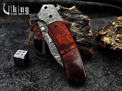 Damascus Steel Folding Pocket Knife With Sheath Rose Wood Handle