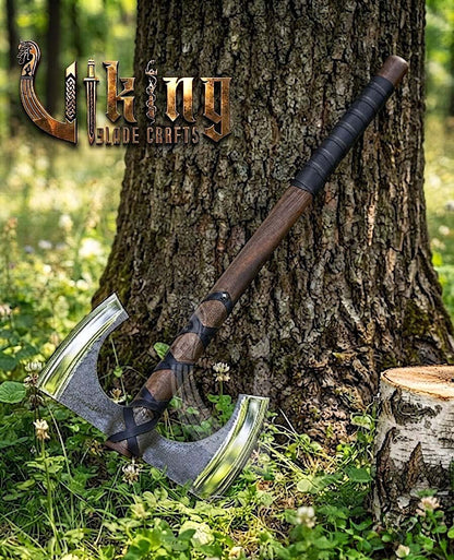 30" Double Bit Viking Battle Axe - Hand Forged Carbon Steel & Leather
