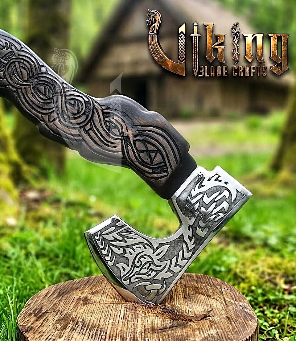 Hand Carved Viking Goat Axe | Geit Handle | Forged Steel