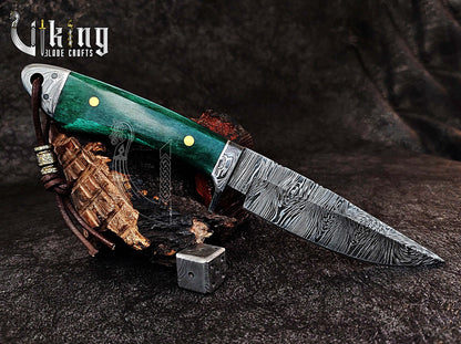 Forged Damascus Steel Hunting Knife with Stained Bone Handle
